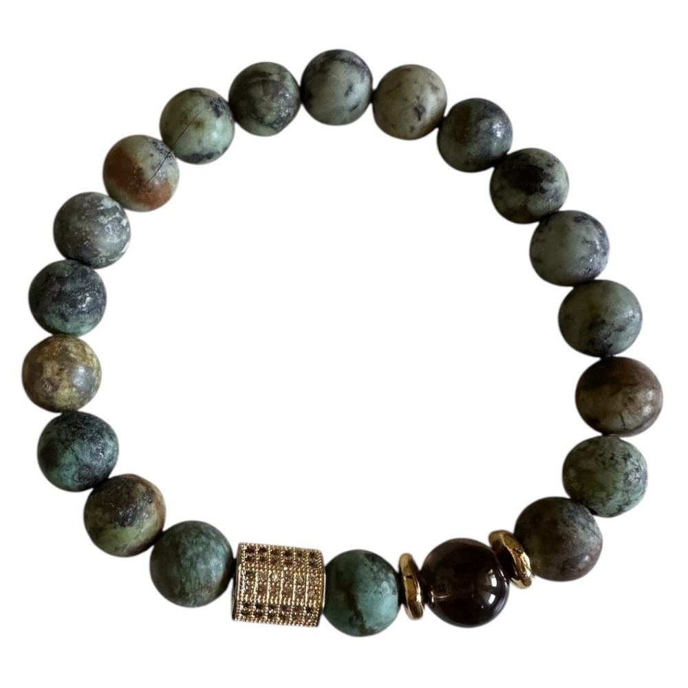 Classic African Turquoise & Smoky Quartz 8mm Bracelet Gold Pave Hexagon